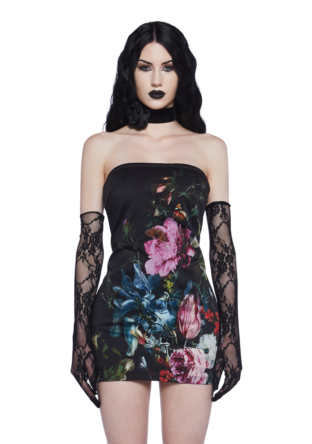 Widow Goth Floral Strapless Twill Mini Dress - Black