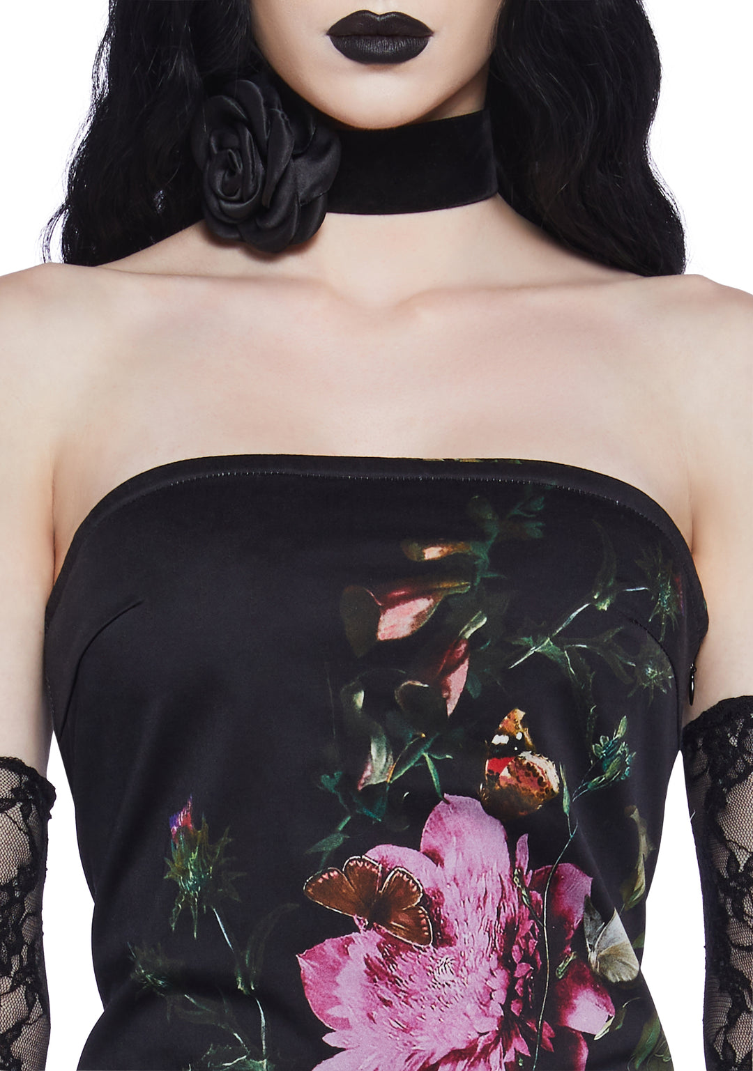 Widow Goth Floral Strapless Twill Mini Dress - Black - Image 4