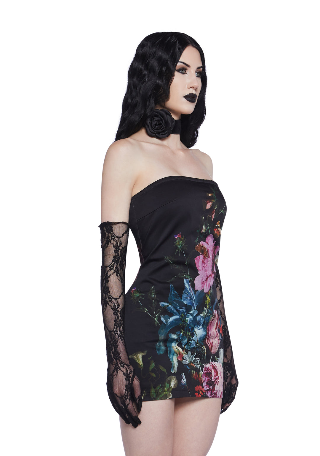 Widow Goth Floral Strapless Twill Mini Dress - Black - Image 2