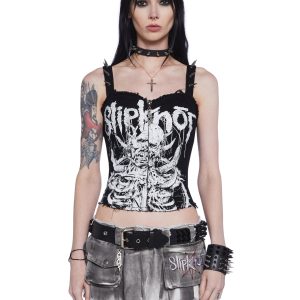 Dolls Kill x Slipknot Band Logo Lyric Twill Corset Top - Black