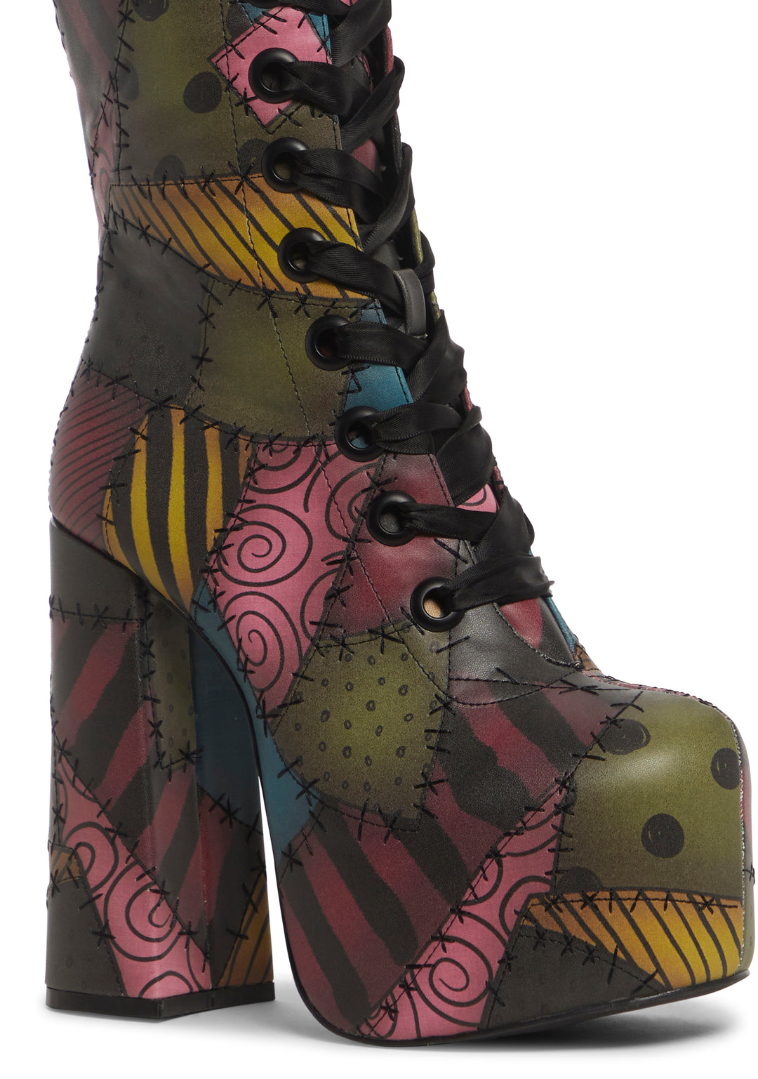 Trickz N' Treatz Sally Nightmare Before Christmas Ragdoll Patchwork Stitches Lace-Up Platform Boots - Multi - Image 2