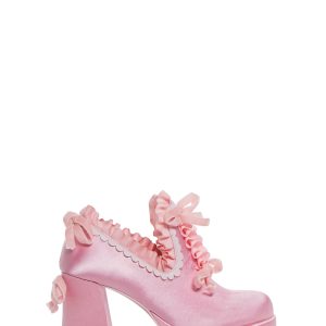 Trickz N' Treatz Halloween Marie Antoinette Regency Satin Ruffle Slip-On Block Platform Heels - Pink