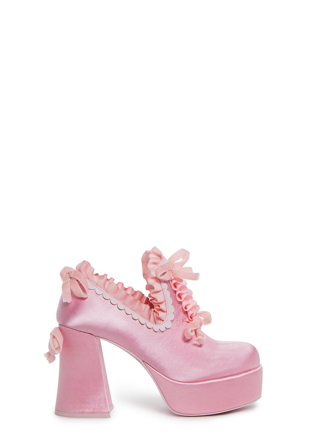 Trickz N' Treatz Halloween Marie Antoinette Regency Satin Ruffle Slip-On Block Platform Heels - Pink