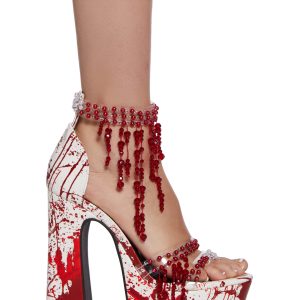 Trickz N' Treatz Halloween Beaded Gemstone Blood Dripping Splatter Platform Heels - White