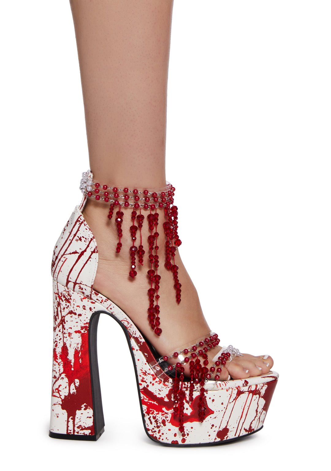 Trickz N' Treatz Halloween Beaded Gemstone Blood Dripping Splatter Platform Heels - White