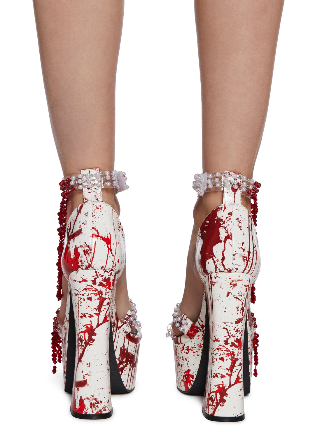 Trickz N' Treatz Halloween Beaded Gemstone Blood Dripping Splatter Platform Heels - White - Image 4