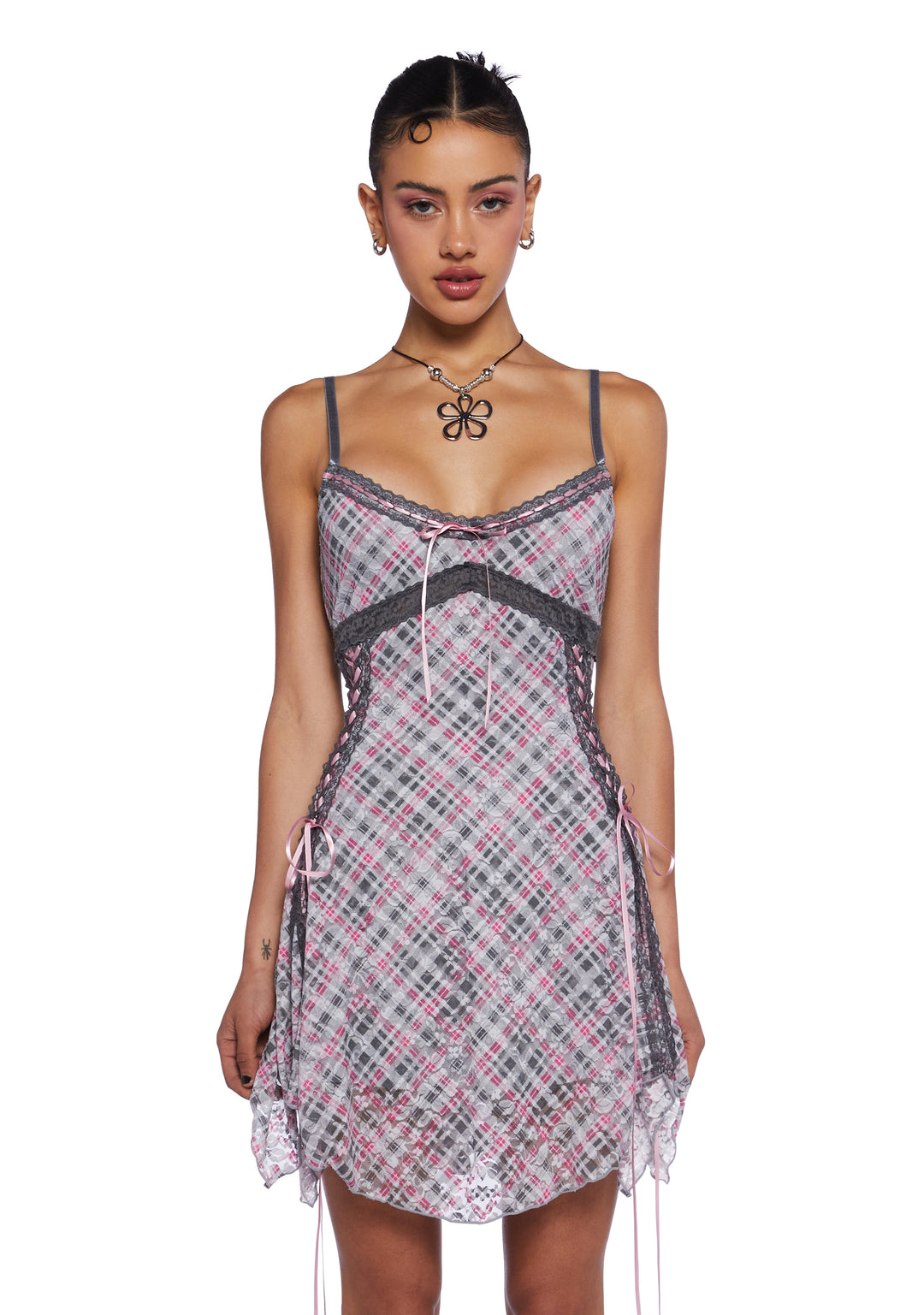 Delia's Floral Mesh Plaid Print Handkerchief Mini Dress - Multi