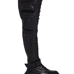 Current Mood Thigh High Vegan Leather Combat Boots With Pockets - Black
