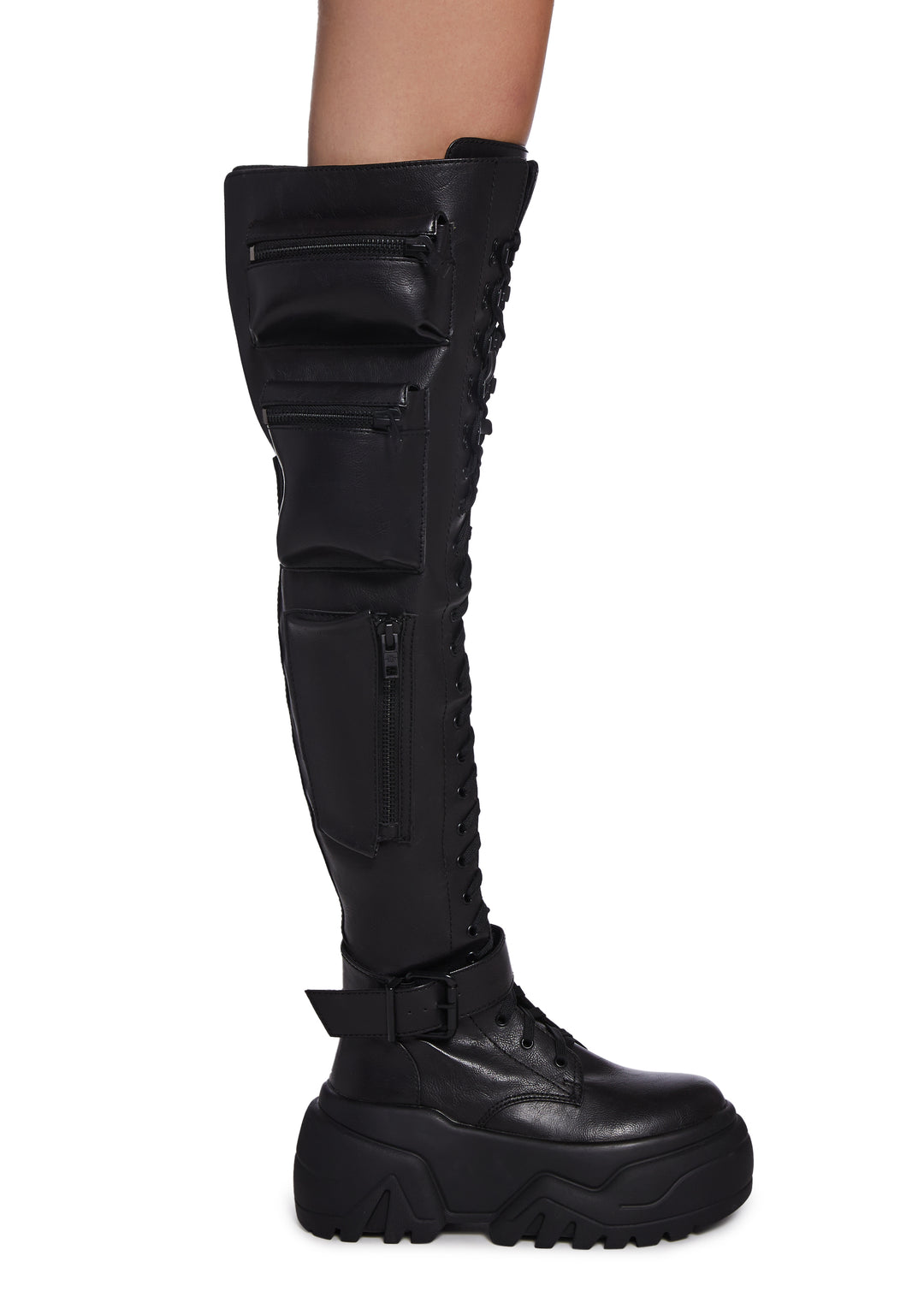 Current Mood Thigh High Vegan Leather Combat Boots With Pockets - Black