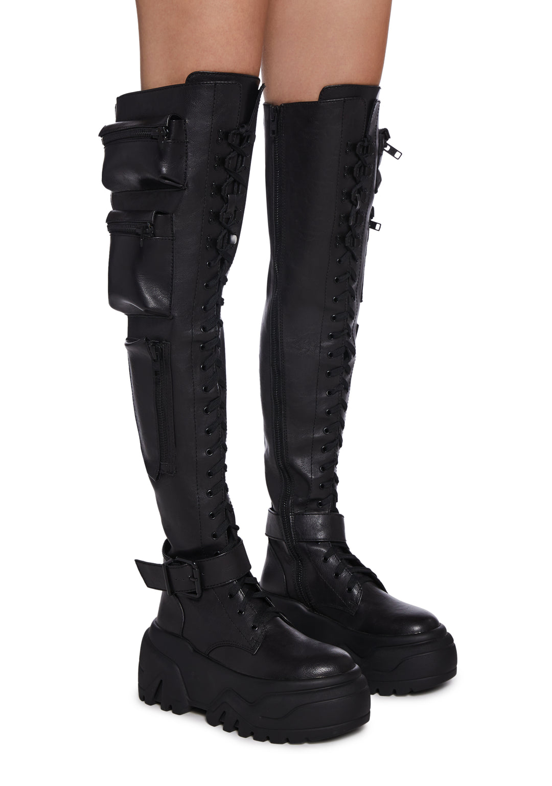 Current Mood Thigh High Vegan Leather Combat Boots With Pockets - Black - Image 3