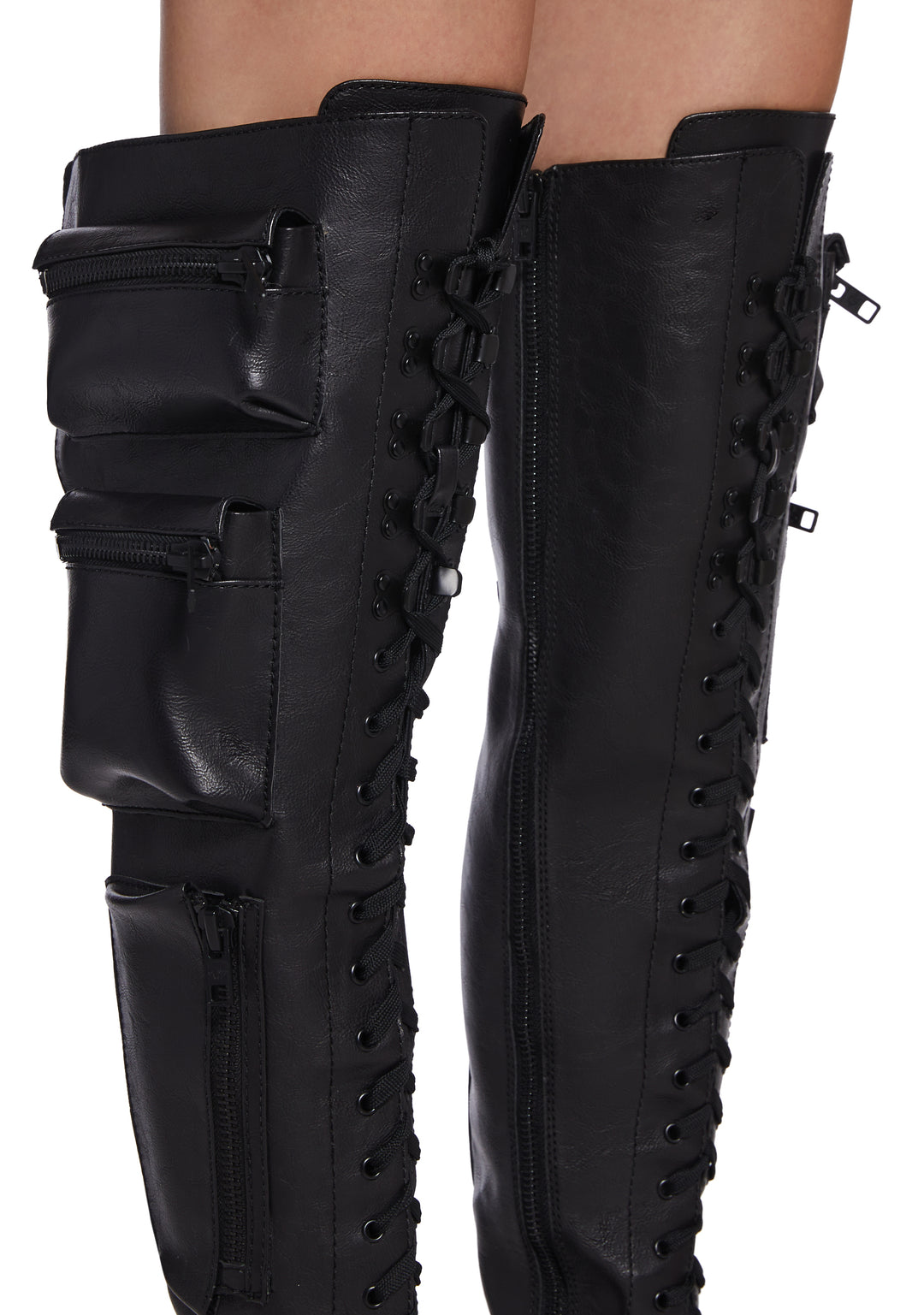 Current Mood Thigh High Vegan Leather Combat Boots With Pockets - Black - Image 2