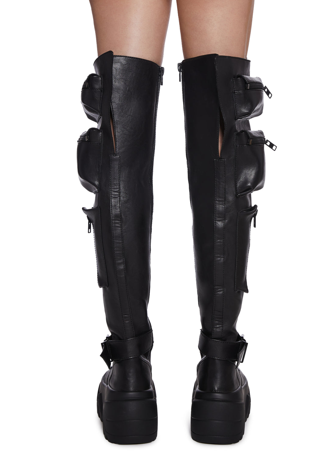 Current Mood Thigh High Vegan Leather Combat Boots With Pockets - Black - Image 4