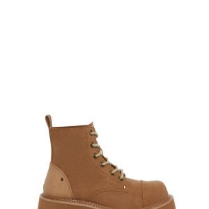 Darker Wavs Faux Suede Lace Up Treaded Platform Work Boots - Brown