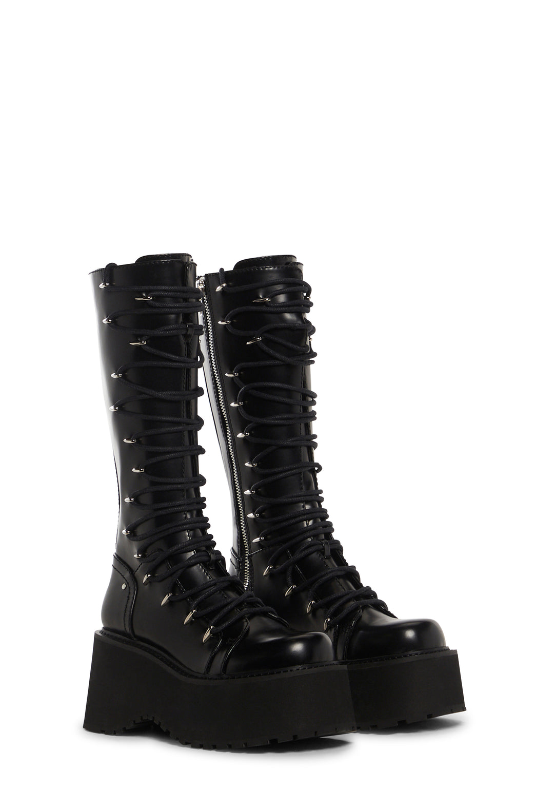 Current Mood Vegan Leather Lace Up Side Zip Knee High Boots Punk Back To School - Black - Image 3