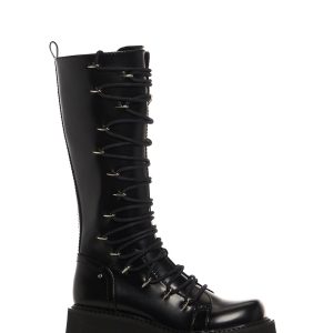 Current Mood Vegan Leather Lace Up Side Zip Knee High Boots Punk Back To School - Black