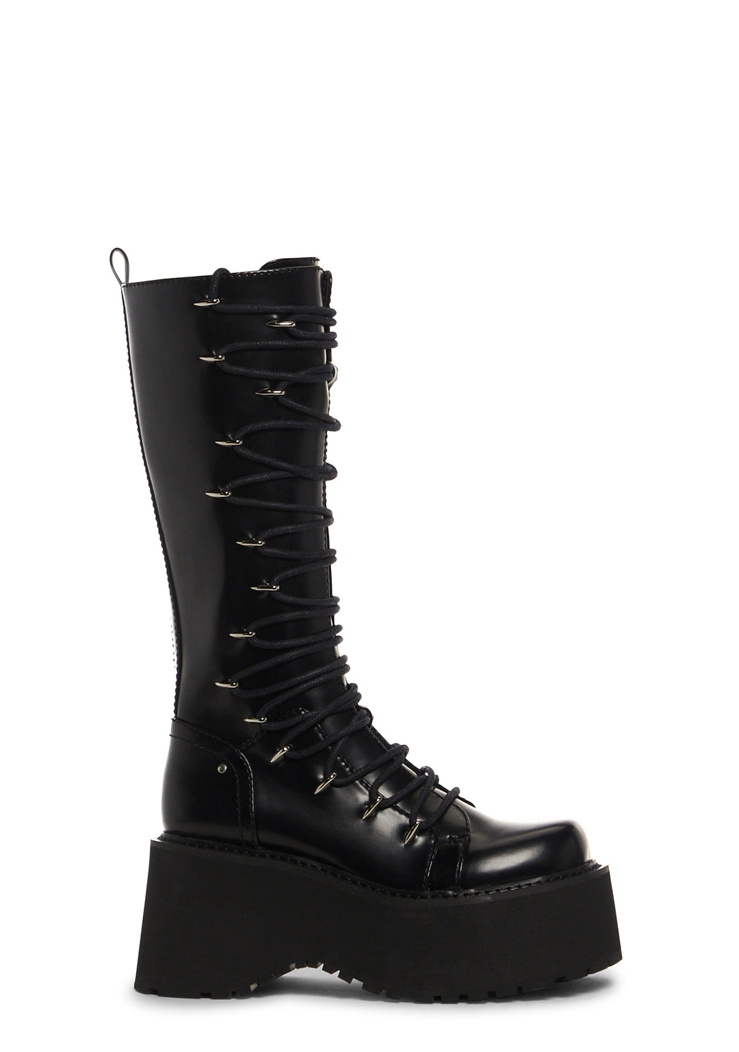 Current Mood Vegan Leather Lace Up Side Zip Knee High Boots Punk Back To School - Black