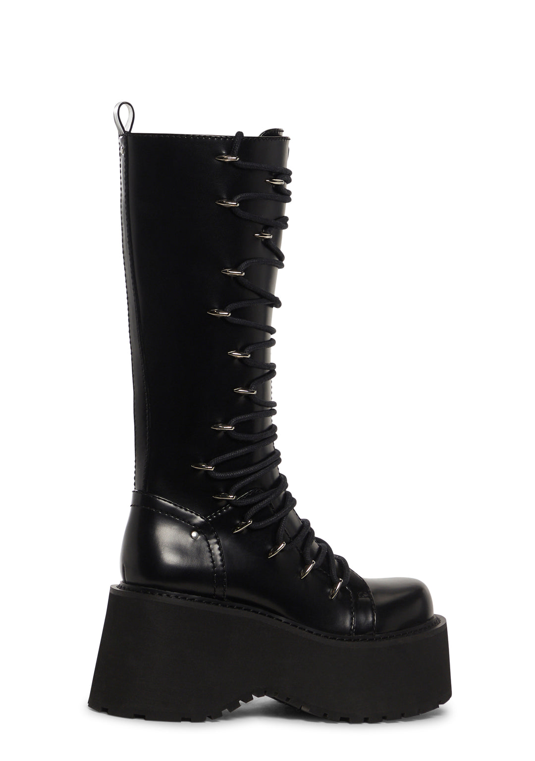 Current Mood Vegan Leather Lace Up Side Zip Knee High Boots Punk Back To School - Black - Image 2