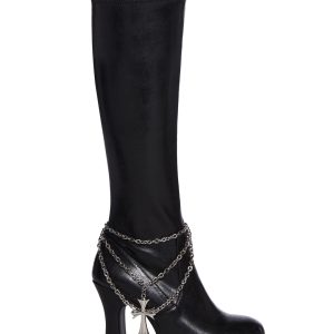 Widow Goth Draped Chain Cross Charm Sock Knee High Boots - Black