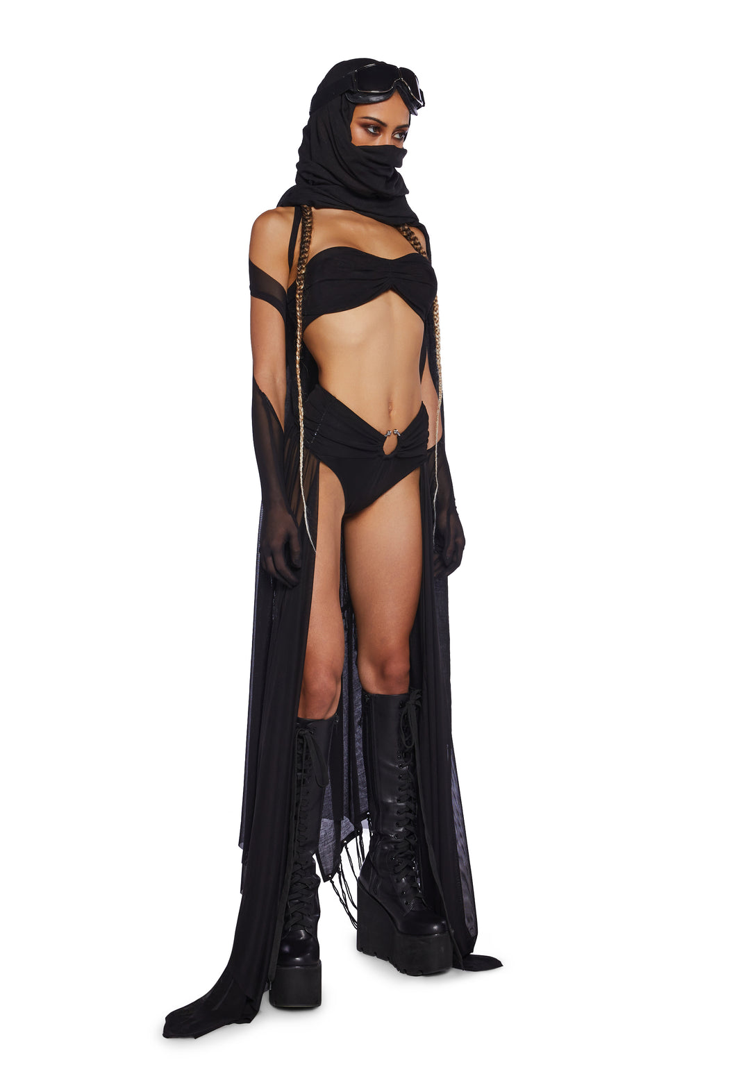 Club Exx Burning Man Festival Sheer Mesh Wrap Around Top With Gloves - Black - Image 2