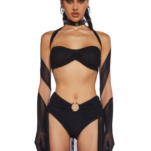 Club Exx Burning Man Festival Sheer Mesh Wrap Around Top With Gloves - Black