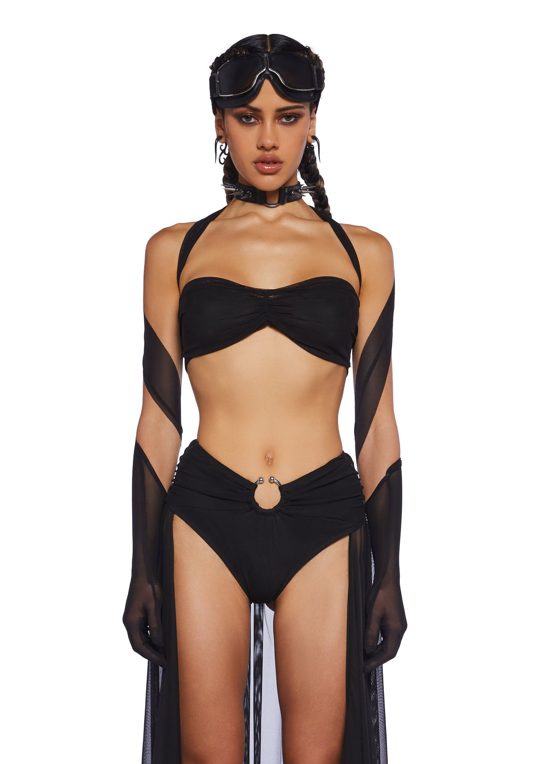 Club Exx Burning Man Festival Sheer Mesh Wrap Around Top With Gloves - Black