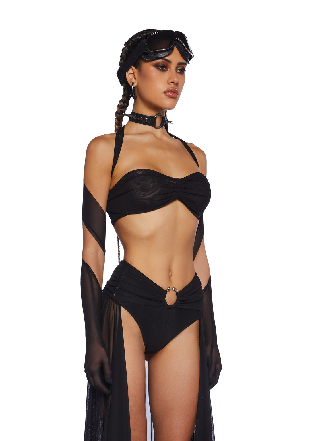 Club Exx Burning Man Festival Sheer Mesh Wrap Around Top With Gloves - Black - Image 3