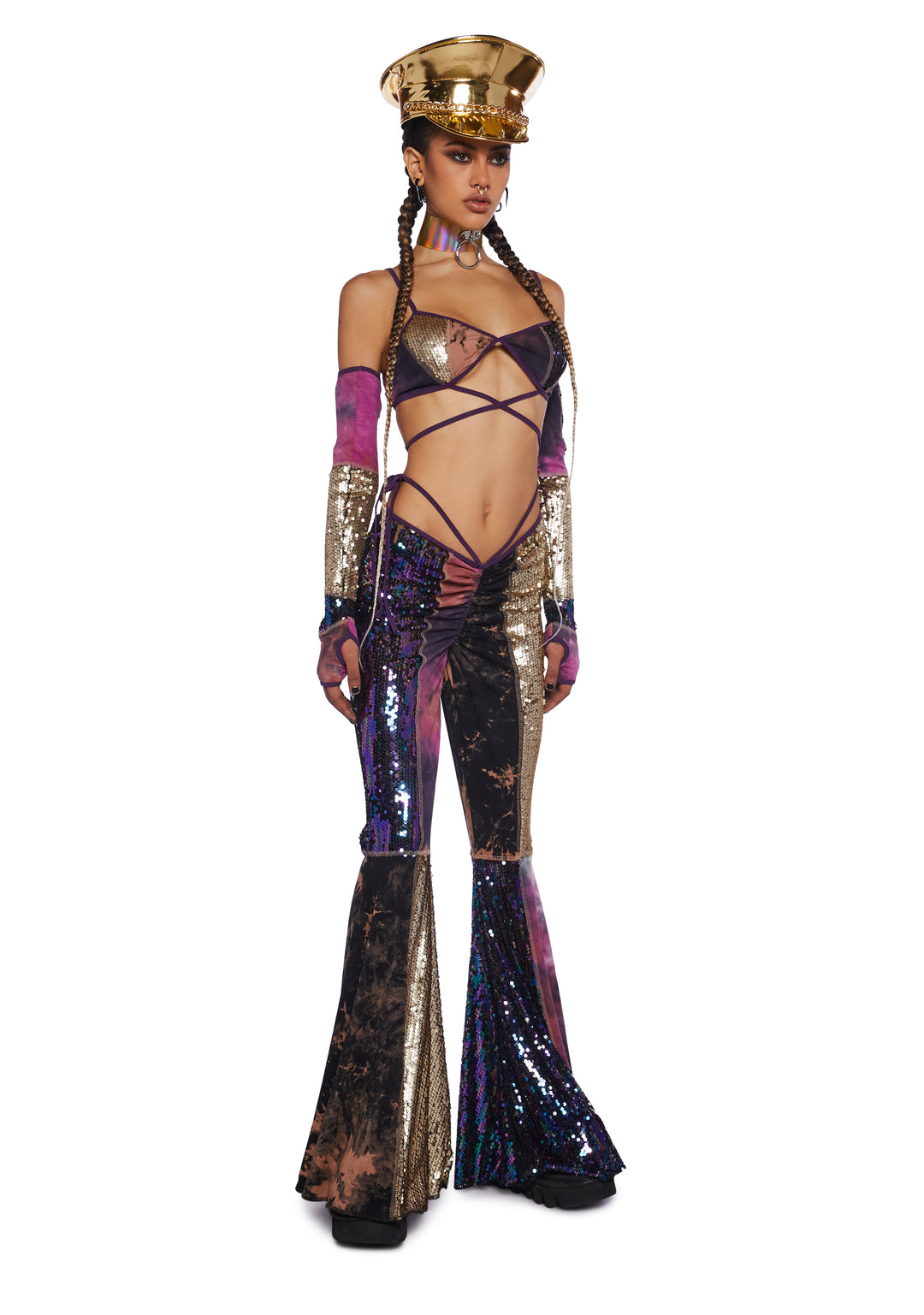 Club Exx Burning Man Festival Sequin Tie-Dye Patchwork Bra Top And Arm Warmers - Multi - Image 3