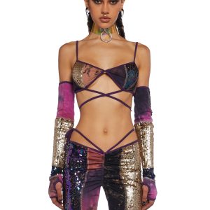 Club Exx Burning Man Festival Sequin Tie-Dye Patchwork Bra Top And Arm Warmers - Multi