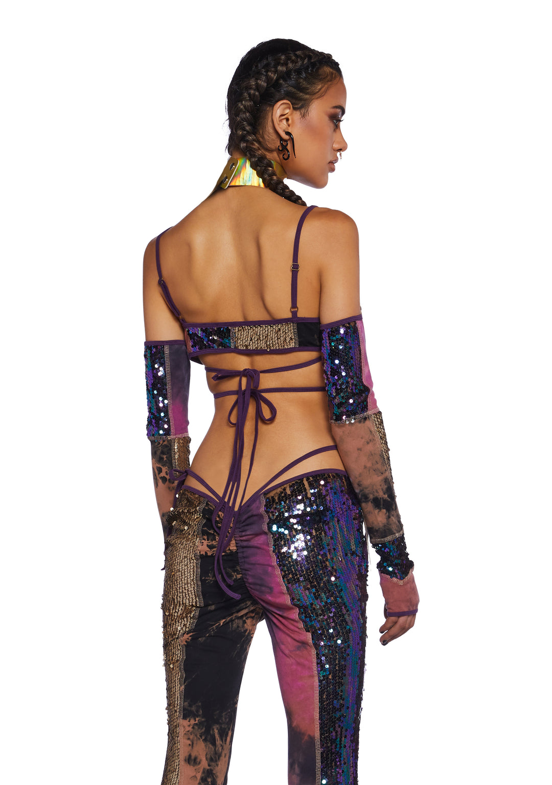 Club Exx Burning Man Festival Sequin Tie-Dye Patchwork Bra Top And Arm Warmers - Multi - Image 5