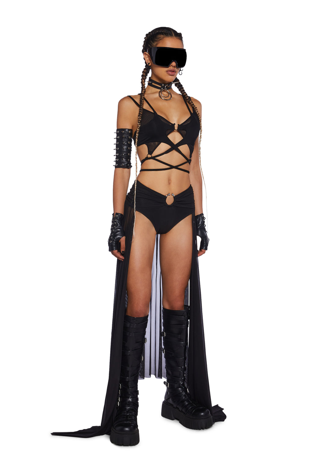 Club Exx Burning Man Mesh Hot Shorts With Draped Train - Black - Image 7