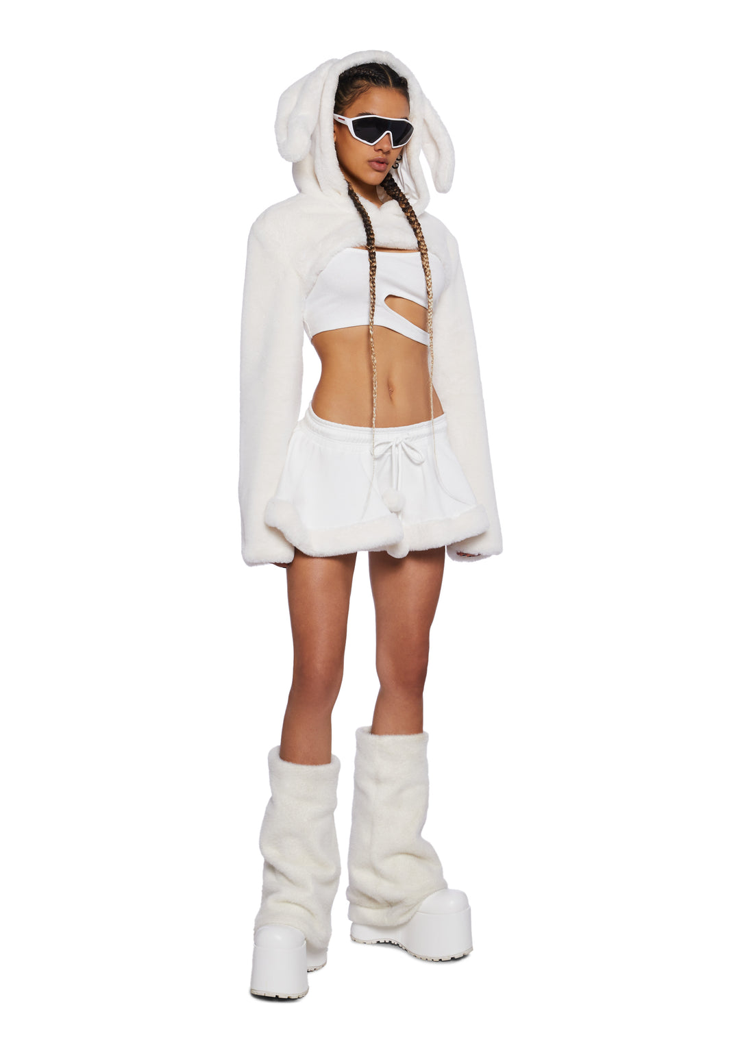 Club Exx Burning Man Knit Mini Circle Skirt With Faux Fur Trim And Pom Poms - White - Image 2