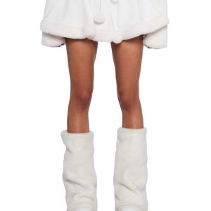 Club Exx Burning Man Knit Mini Circle Skirt With Faux Fur Trim And Pom Poms - White