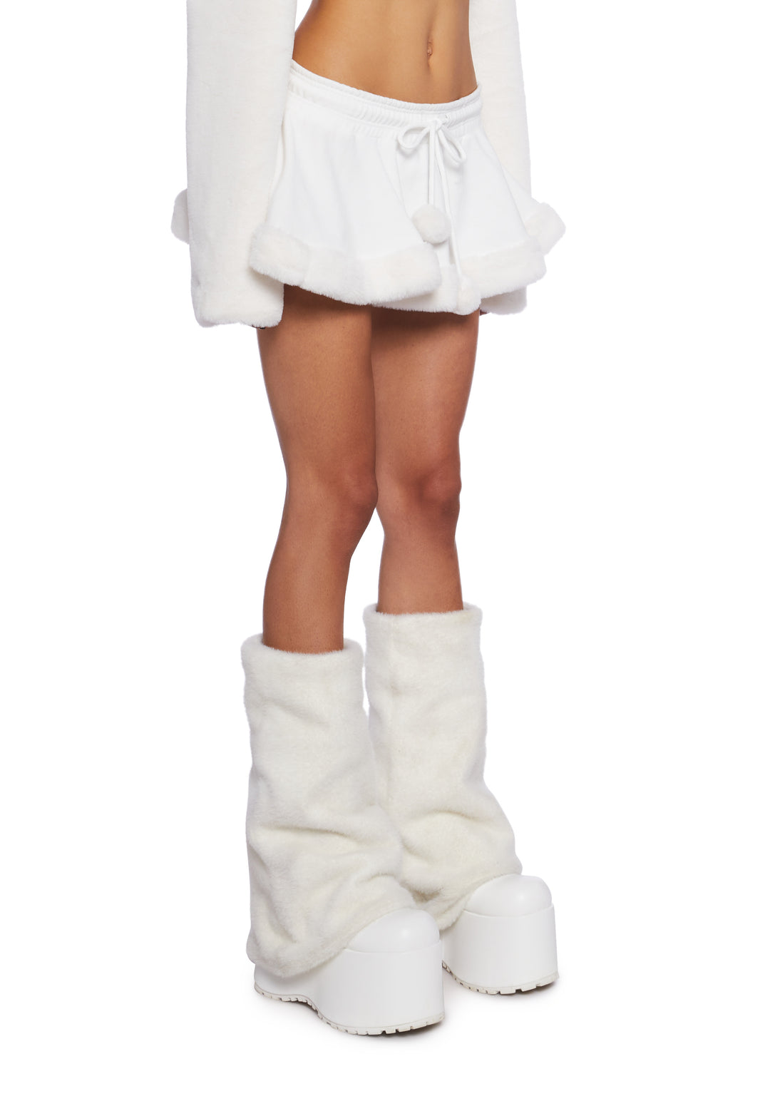 Club Exx Burning Man Knit Mini Circle Skirt With Faux Fur Trim And Pom Poms - White - Image 3
