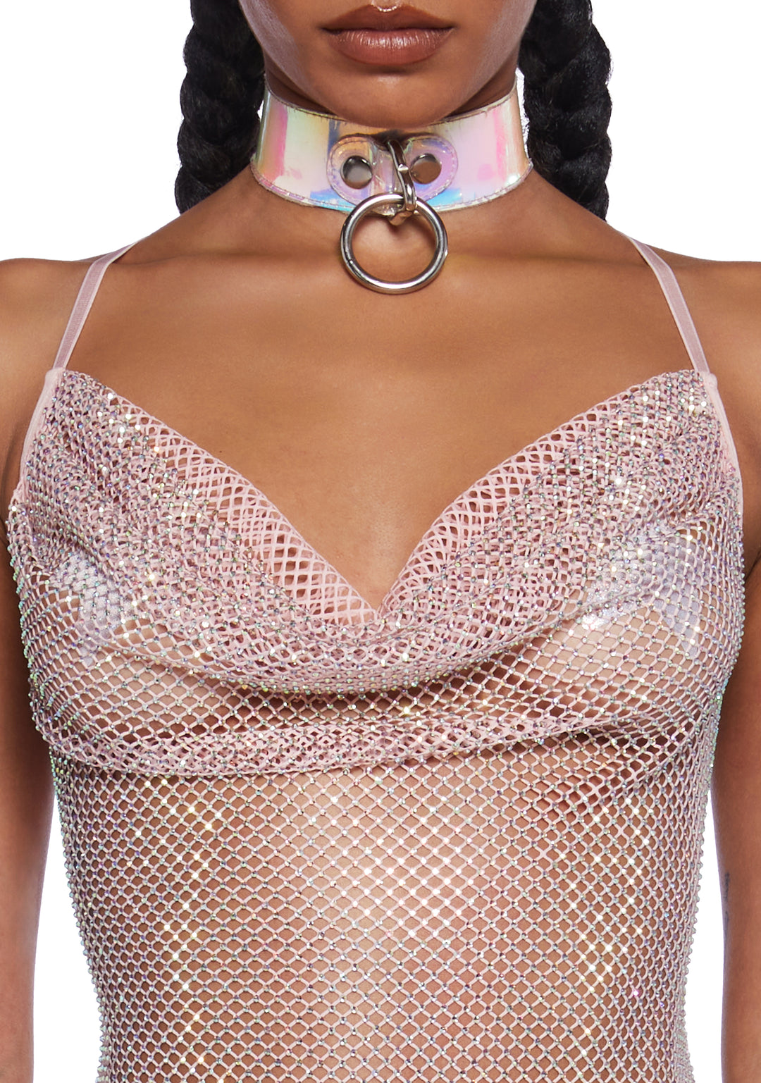 Club Exx Burning Man Sheer Nude Holo Rhinestone Glitter Mini Fishnet Dress Rave Burning Man Festival - Beige - Image 5