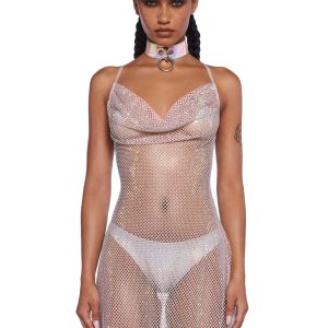 Club Exx Burning Man Sheer Nude Holo Rhinestone Glitter Mini Fishnet Dress Rave Burning Man Festival - Beige