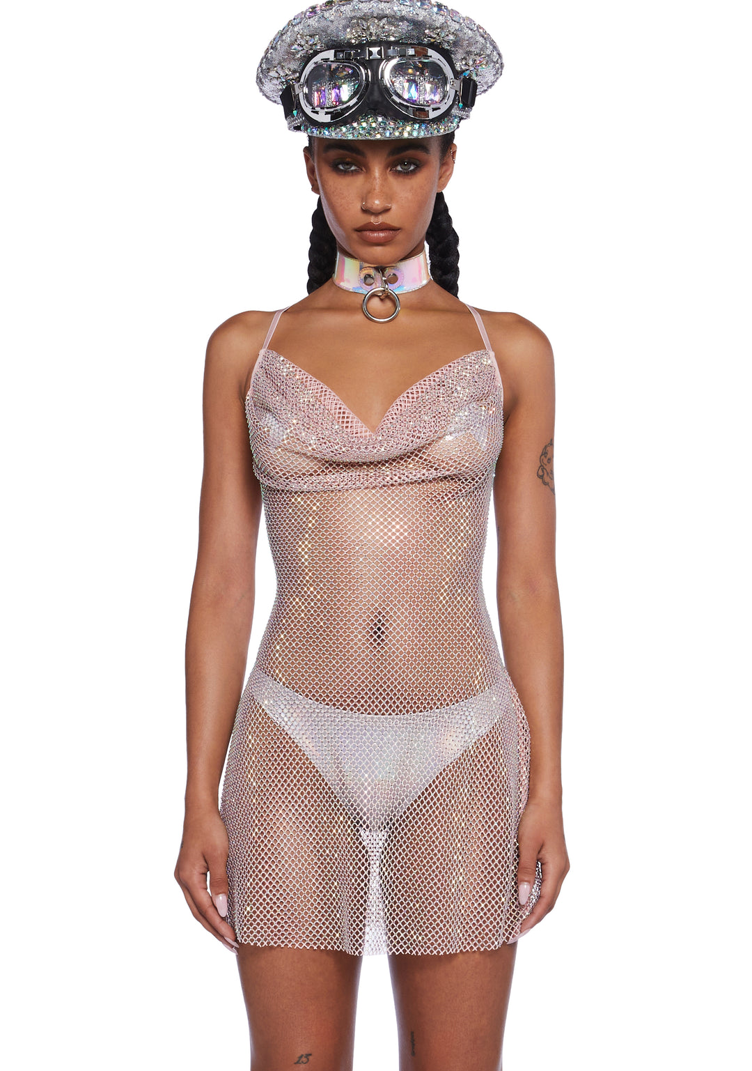 Club Exx Burning Man Sheer Nude Holo Rhinestone Glitter Mini Fishnet Dress Rave Burning Man Festival - Beige