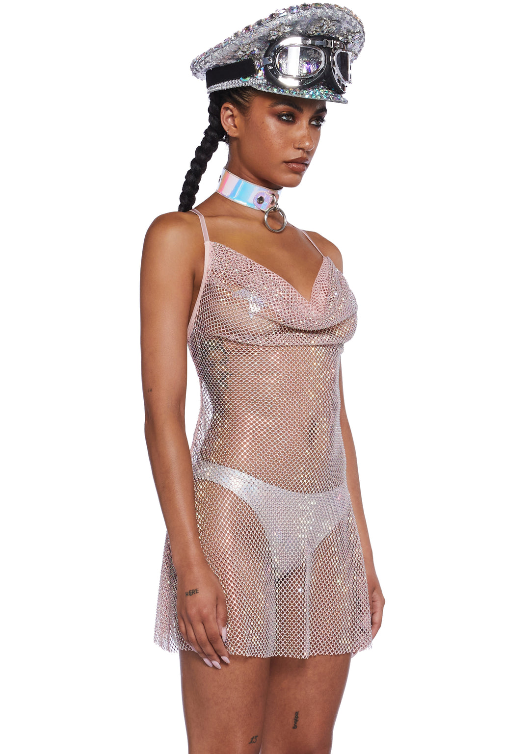 Club Exx Burning Man Sheer Nude Holo Rhinestone Glitter Mini Fishnet Dress Rave Burning Man Festival - Beige - Image 4