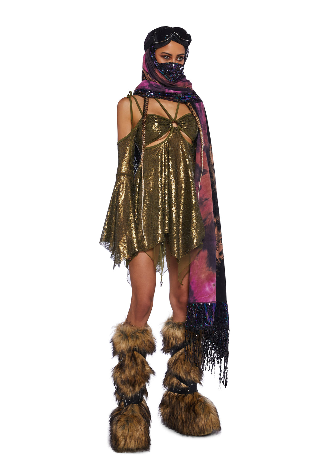 Club Exx Burning Man Sequin Cut Out Mini Dress Festival Rave Burning Man - Gold - Image 3
