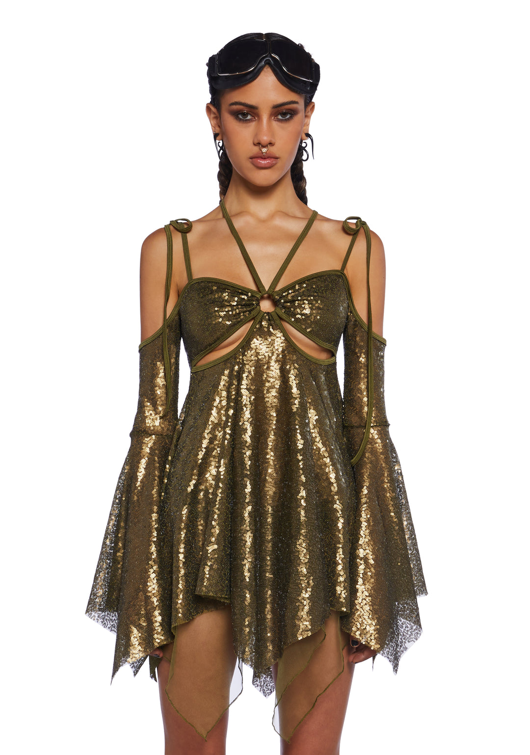 Club Exx Burning Man Sequin Cut Out Mini Dress Festival Rave Burning Man - Gold