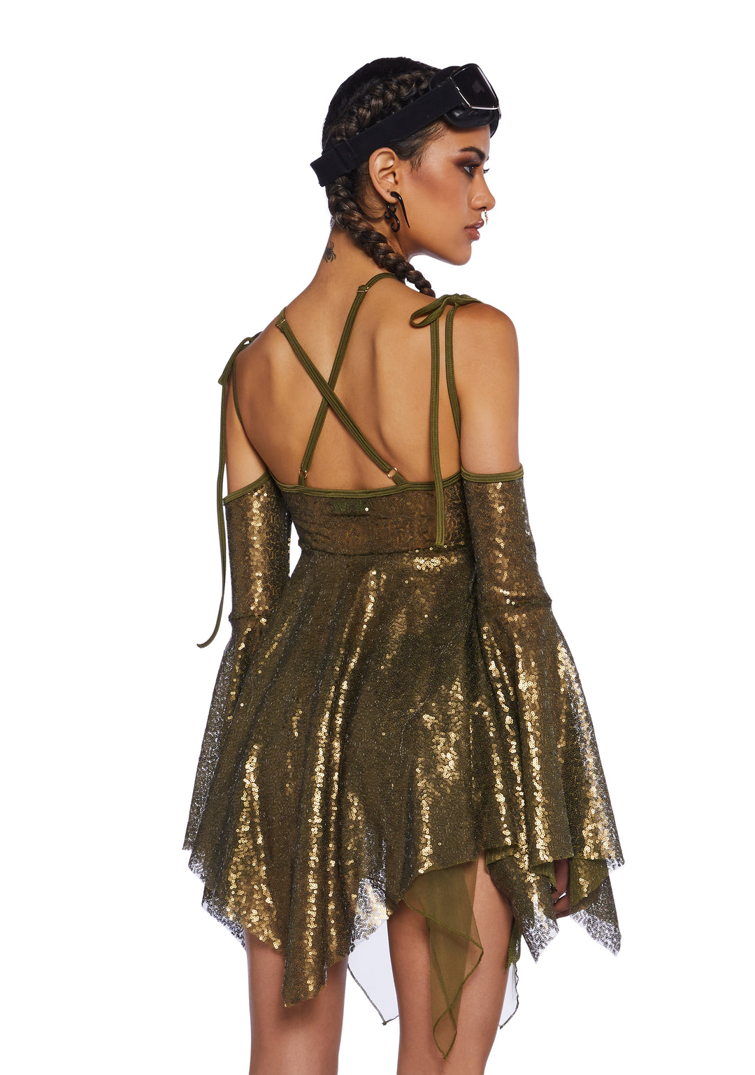 Club Exx Burning Man Sequin Cut Out Mini Dress Festival Rave Burning Man - Gold - Image 2