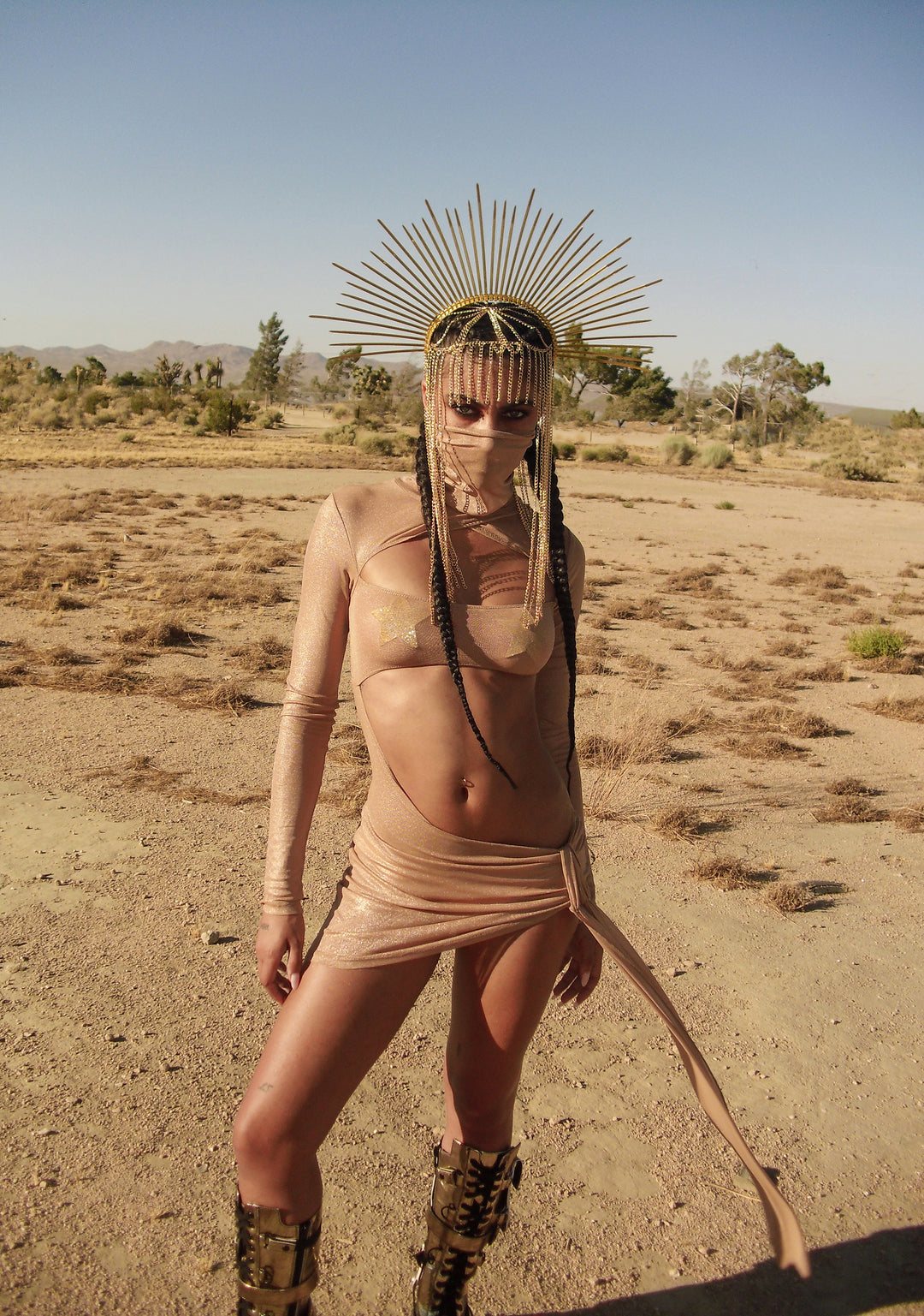 Club Exx Burning Man Festival Cut-Out Metallic Sheen Sheer Mesh Bodycon Dress Burning Man- Gold - Image 9