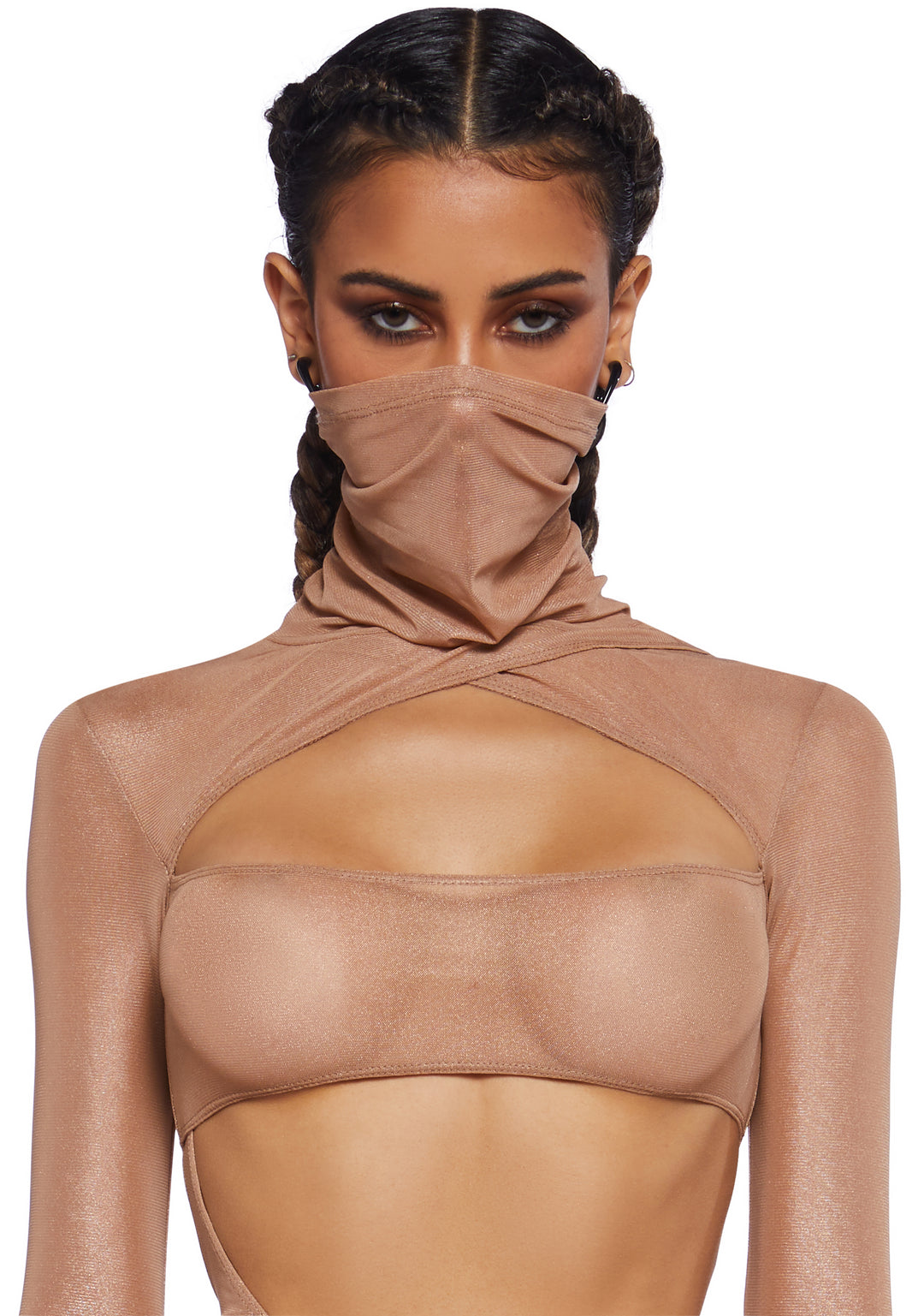 Club Exx Burning Man Festival Cut-Out Metallic Sheen Sheer Mesh Bodycon Dress Burning Man- Gold - Image 2