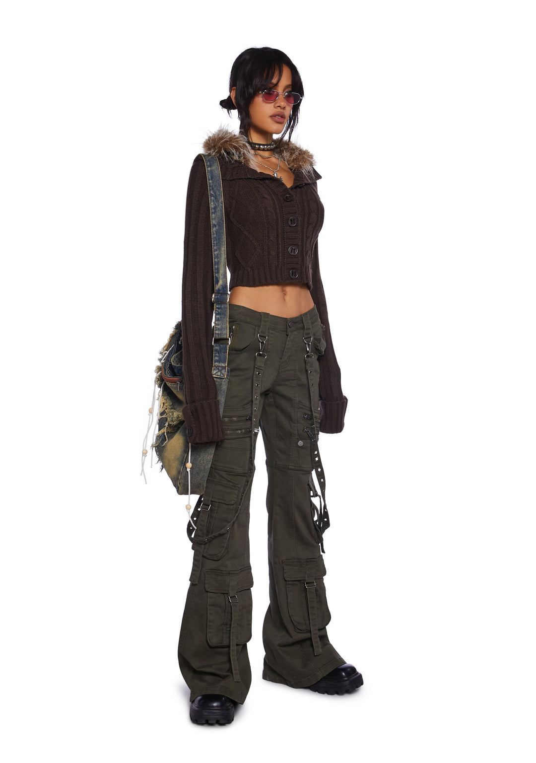 Current Mood Cable Knit Long Sleeve Cropped Jacket With Faux Fur Trim - Brown - Image 2