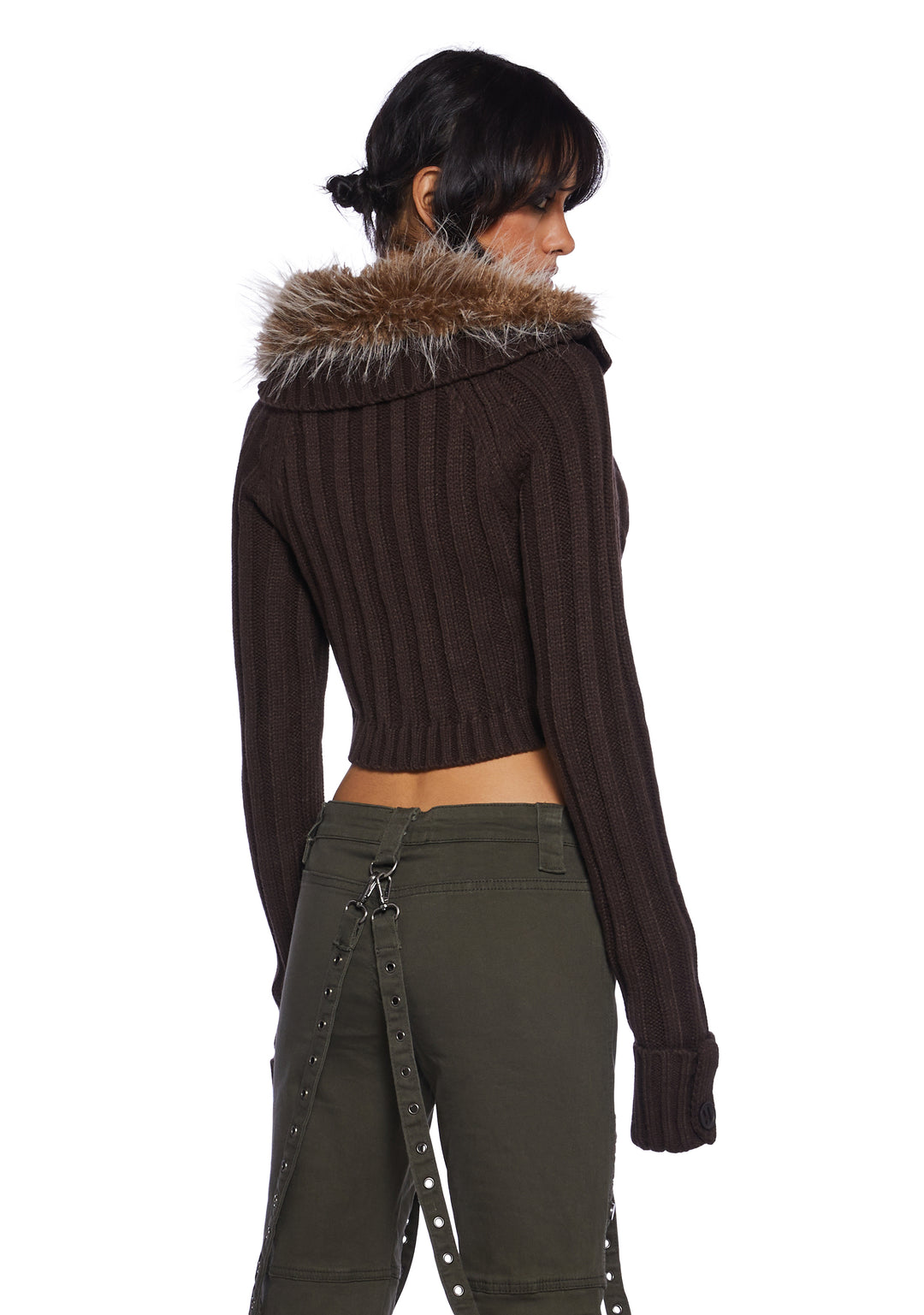 Current Mood Cable Knit Long Sleeve Cropped Jacket With Faux Fur Trim - Brown - Image 4