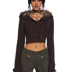 Current Mood Cable Knit Long Sleeve Cropped Jacket With Faux Fur Trim - Brown