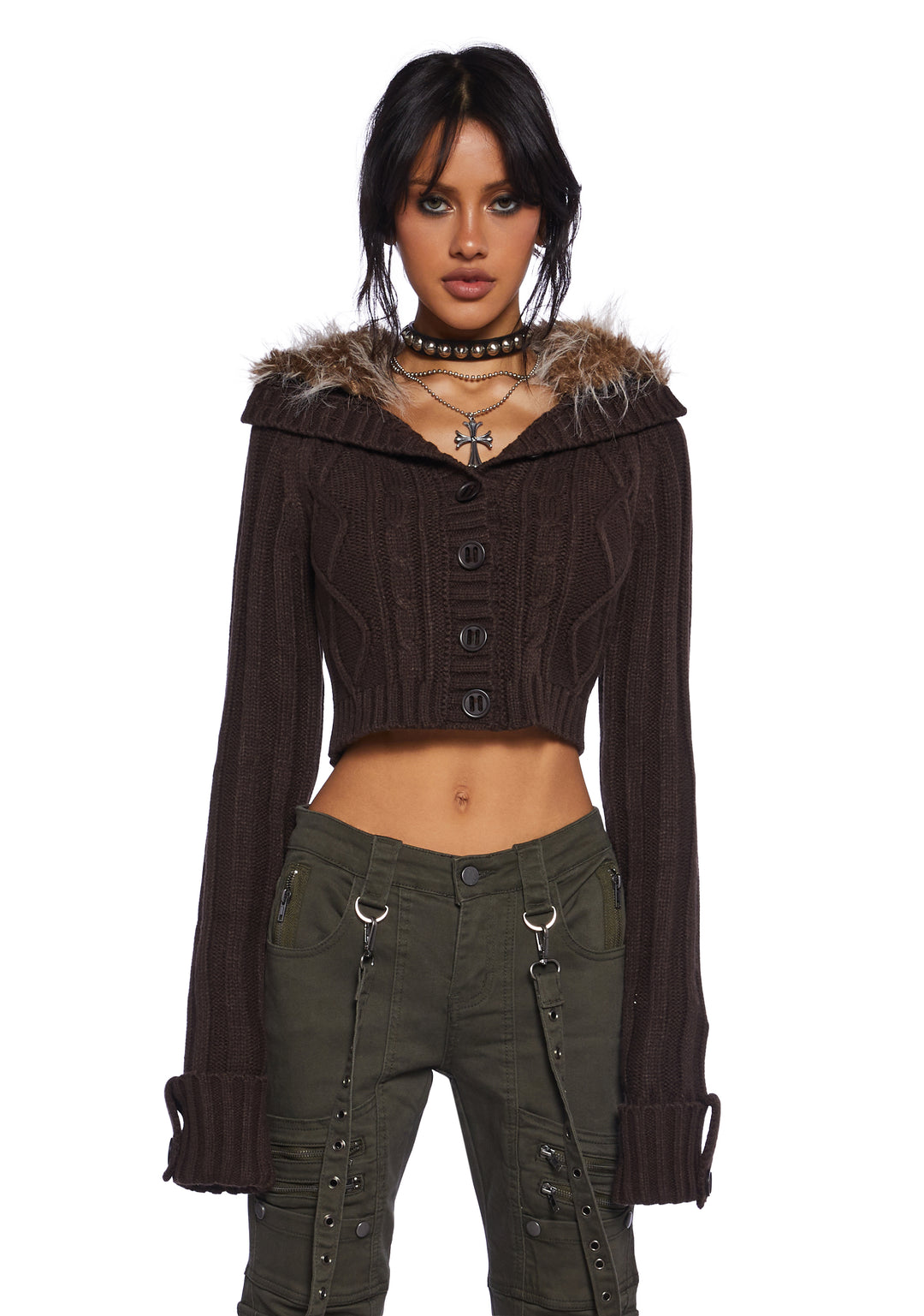 Current Mood Cable Knit Long Sleeve Cropped Jacket With Faux Fur Trim - Brown