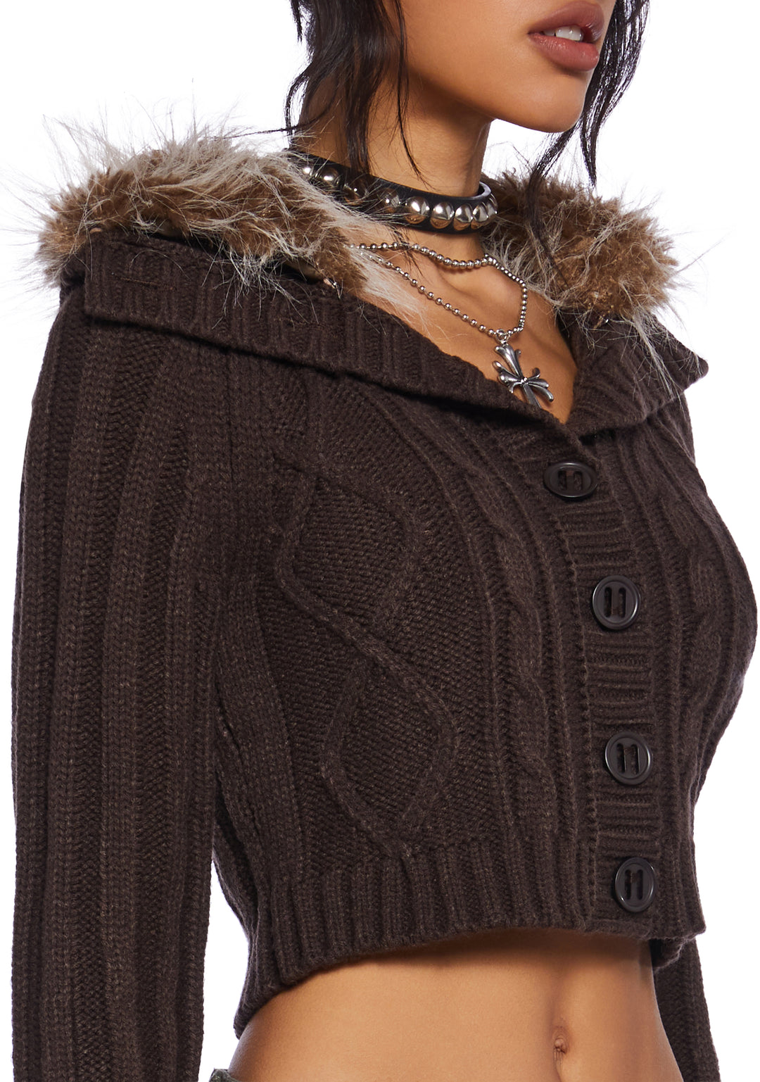 Current Mood Cable Knit Long Sleeve Cropped Jacket With Faux Fur Trim - Brown - Image 5