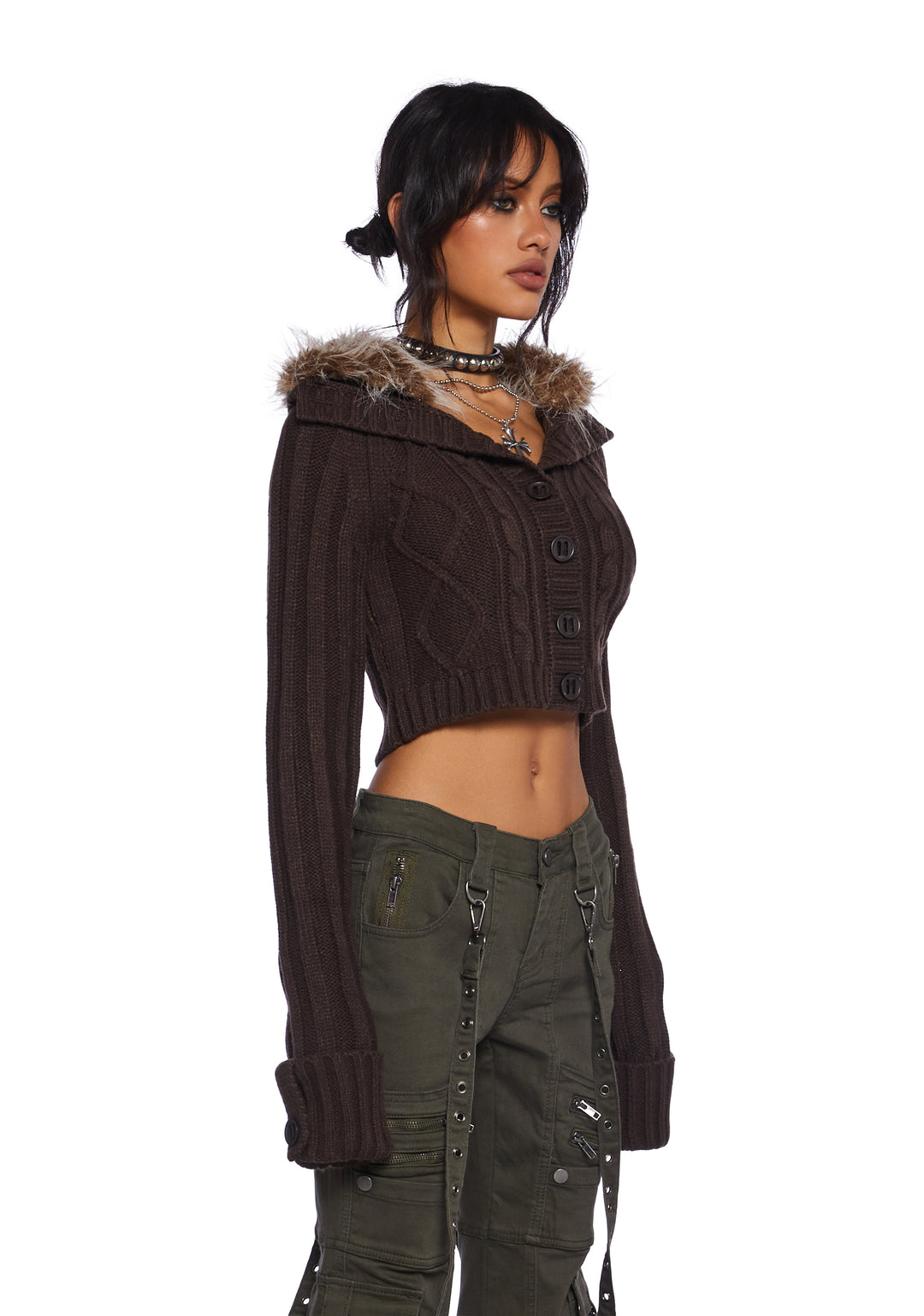 Current Mood Cable Knit Long Sleeve Cropped Jacket With Faux Fur Trim - Brown - Image 3