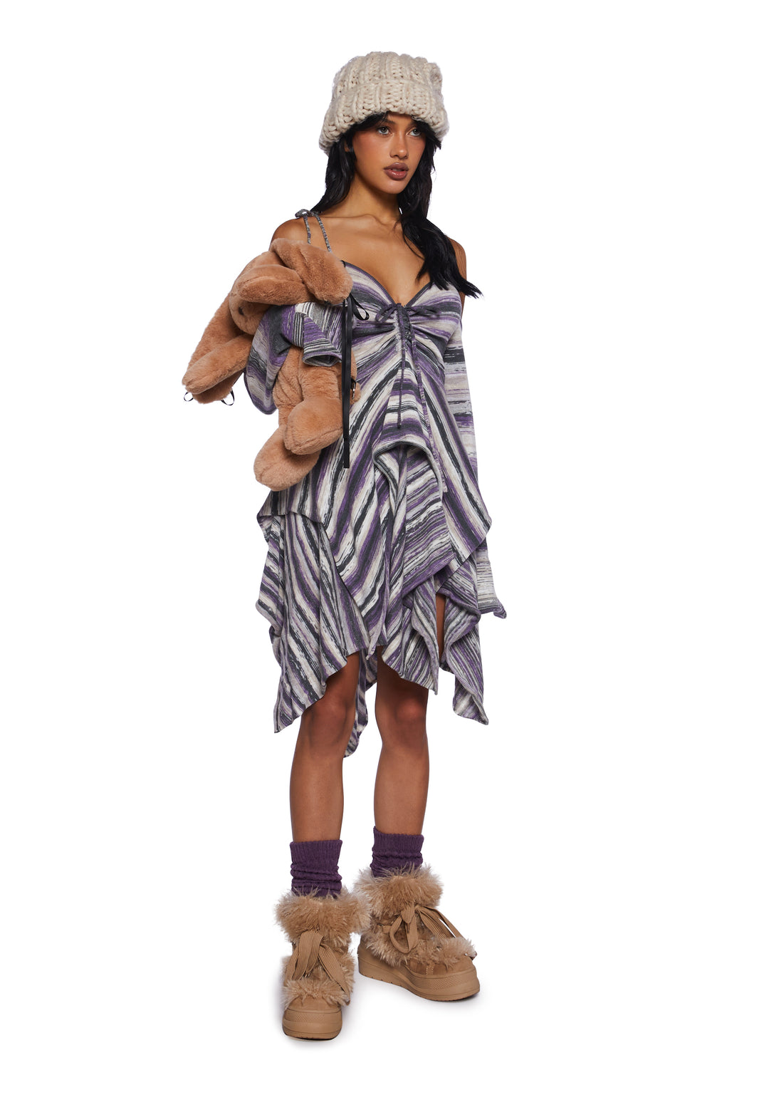 Current Mood Off The Shoulder Striped Knit Yarn Handkerchief Mini Dress - Multi - Image 2