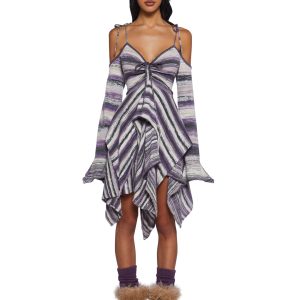Current Mood Off The Shoulder Striped Knit Yarn Handkerchief Mini Dress - Multi